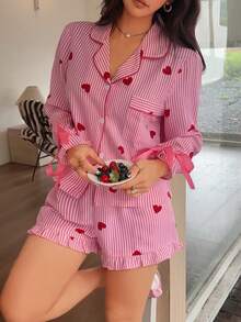 Napfluff Conjunto de pijama con top de rayas en forma de corazón y shorts con cuello clásico - Rojo y blanco - Ver 1