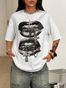 Coolane Áo thun oversized màu đen in hình họa tiết hip-hop, phong cách đường phố mùa hè dành cho nữ và nam, trang phục đôi. - trắng - Xem 3