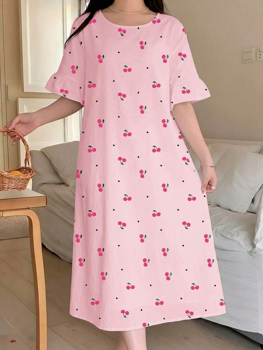 甜美复古迷你樱桃爱心印花图案,少女休闲宽松简约圆领长连衣裙,荷叶边袖口,适合春夏穿着,营造轻松夏日、度假氛围、阳光之旅、春季休闲穿搭、夏季度假风。 - 彩色 - 查看 1
