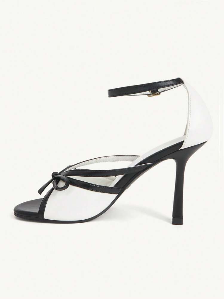 CUCCOO CHICEST Women Shoes Black And White Contrasting Temperament Bow Decorative Round Head High Heel Sandals