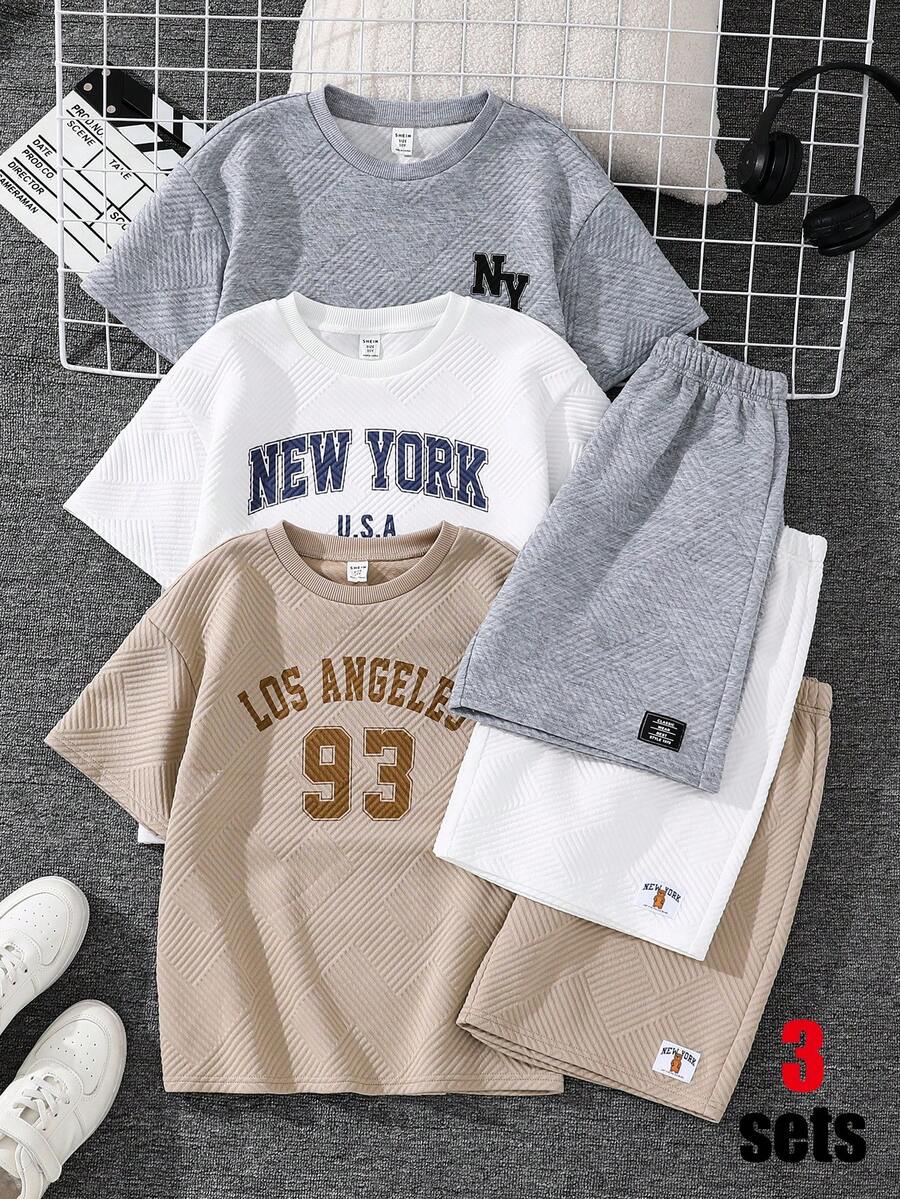 SHEIN 3套买二送一 儿童/青少年男童休闲柔软提花面料圆领宽松短袖T恤短裤套装，卡其色T恤套装，白色T恤套装，灰色碎花T恤套装，SS26，夏季上衣，夏季短裤，夏季服装，男童套装，适合春夏、郊游、情人节、约会、旅行、度假、家庭聚会、返校、婚礼、晚宴、运动、生日派对等场合