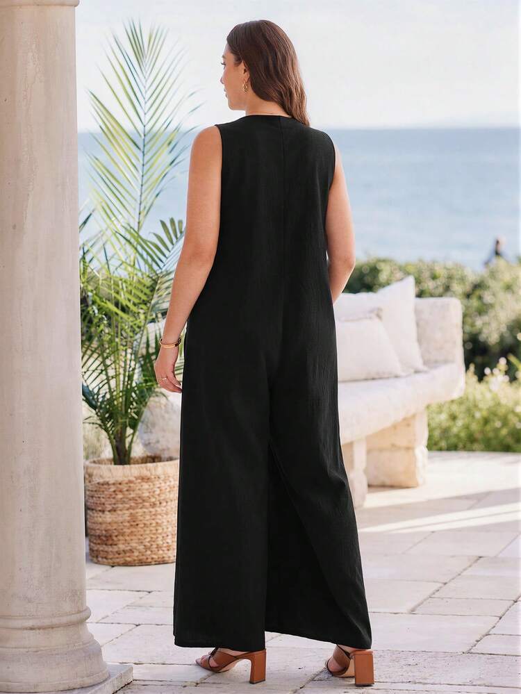 Plus Size Women's Summer Casual Vacation Country Black Jumpsuit With Pockets,Blouse Shirt Top, Suitable For Summer Vacation,Casual Holiday Style,Summer Outfits For Women ,Vacation Outfits Women ,Holiday Outfits For Women,Going Out Outfits, New Clothes,Simple And Fashionable For Everyday Wear,Suitable For Summer, Vacation, Daily Wear, Festival Outfits For Women,Country Concert Outfit,Beach Outfits For Women,Western Style,Boho Jumpsuit