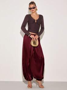 COSMINA Pantalones casuales de uso diario con cintura con cordón y pierna de farol de unicolor para mujeres - Burdeos - Ver 6