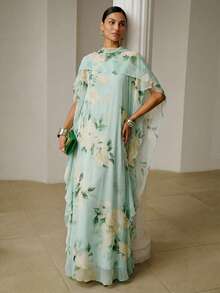 ZEYLAH Extra Long Flowy Printed Robe, Romantic Oversized, Spring - Mint Green - View 5