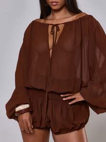 MUSERA Chiffon Bardot Off The Shoulder Keyhole Cutout Puff Shorts Playsuit Spring Summer Vacation Holiday Ibiza Boho Elegant Casual Beach Luxury Party - Brown - View 2