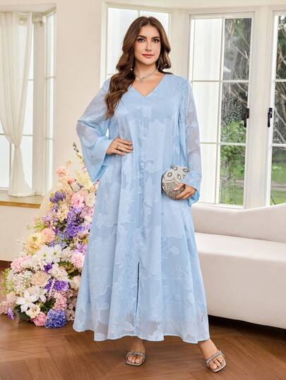 Al Najma Women's Elegant Minimalist V-Neck Solid Color Jacquard Loose Slimming Long Sleeve Maxi Dress, Plus Size, Summer