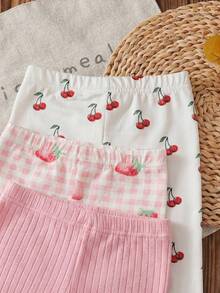 SHEIN Vintaside Kids 3件組女嬰緊身褲套裝 粉色與白色條紋 秋冬可愛節日簡約甜美風 寬鬆直筒褲 日常玩樂休閒穿搭 - 粉色 - 查看 3