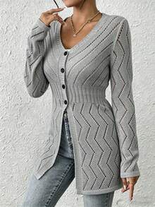 EMERY ROSE Cárdigan de punto fino con escote en V y calado, diseño coreano para mujer - Gris - Ver 6