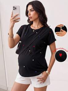 SHEIN Maternity Black Casual Everyday Embroidered Heart-Patterned Cross-Over Top,Summer Breastfeeding T Shirt Blouse,Modern Outfits For Pregnant Women - Black - View 1