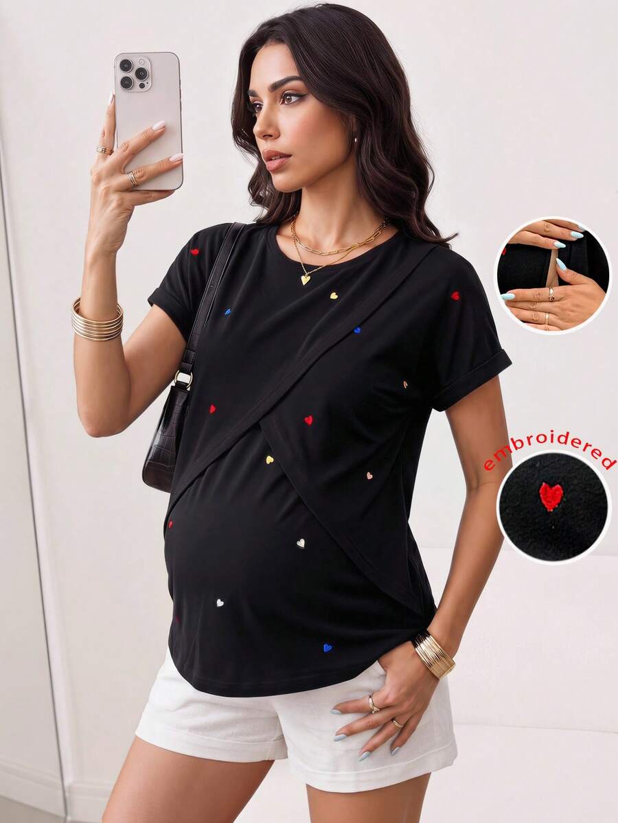 SHEIN Maternity Black Casual Everyday Embroidered Heart-Patterned Cross-Over Top,Summer Breastfeeding T Shirt Blouse,Modern Outfits For Pregnant Women - Black - View 1