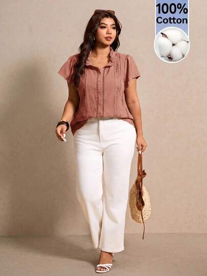 Elaquor Plus Size Women Summer Casual Vacation Daily Commute Solid Color Contrast Lace Flutter Sleeve Loose Blouse