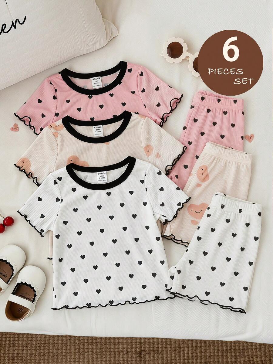 LMoss Kids 6pcs/Set Baby Girl Knitted Heart Pattern Round Neck T-Shirt And Shorts Pajamas - Multicolor - View 1