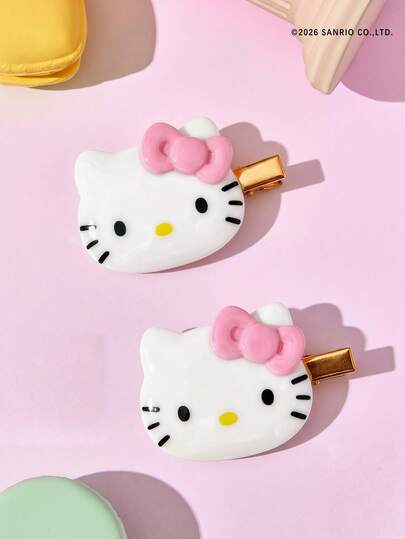 HELLO KITTY AND FRIENDS | Joivida 2 款粉色蝴蝶结猫头树脂发夹 | 锌合金鳄鱼夹 | 女士侧刘海夹 | 甜美少女风发夹