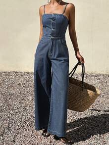 DAZY Bộ áo liền quần hai dây mùa hè dành cho nữ, quần yếm denim buộc dây hở lưng thanh lịch kiểu dáng thường ngày và áo liền quần. - Rửa trung bình - Xem 6