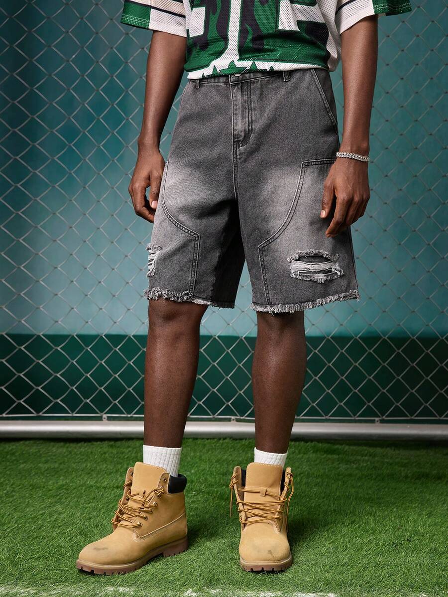EVRINFINITE Knee Length Denim Shorts, Summer Pants, Cotton Ripped Jeans, Casual Streetwear Denim Shorts, Breathable Versatile Commuter Shorts For Summer  Jorts Men - Grey - View 1