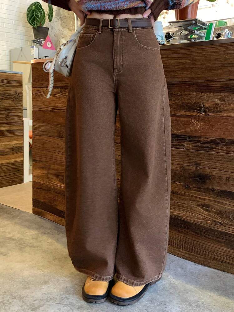 Women's Loose Straight Leg Brown Jeans, Casual Street Style