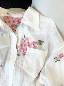 Airaco Camisa de mujer de manga larga con botones, de estilo casual y romántico, con bordado floral - Blanco - Ver 3
