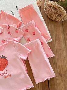 SHEIN LMoss Kids Piyama Rajut Lembut Lengan Pendek Leher Bulat Motif Kartun Lucu untuk Bayi Perempuan, 6 Potong, Musim Panas - Berwarna merah muda - View 6