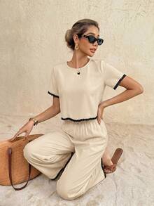 SHEIN Frenchy Women's Vacation Casual Contrast Trim Top And Pants 2 Pieces Set - Apricot - View 7