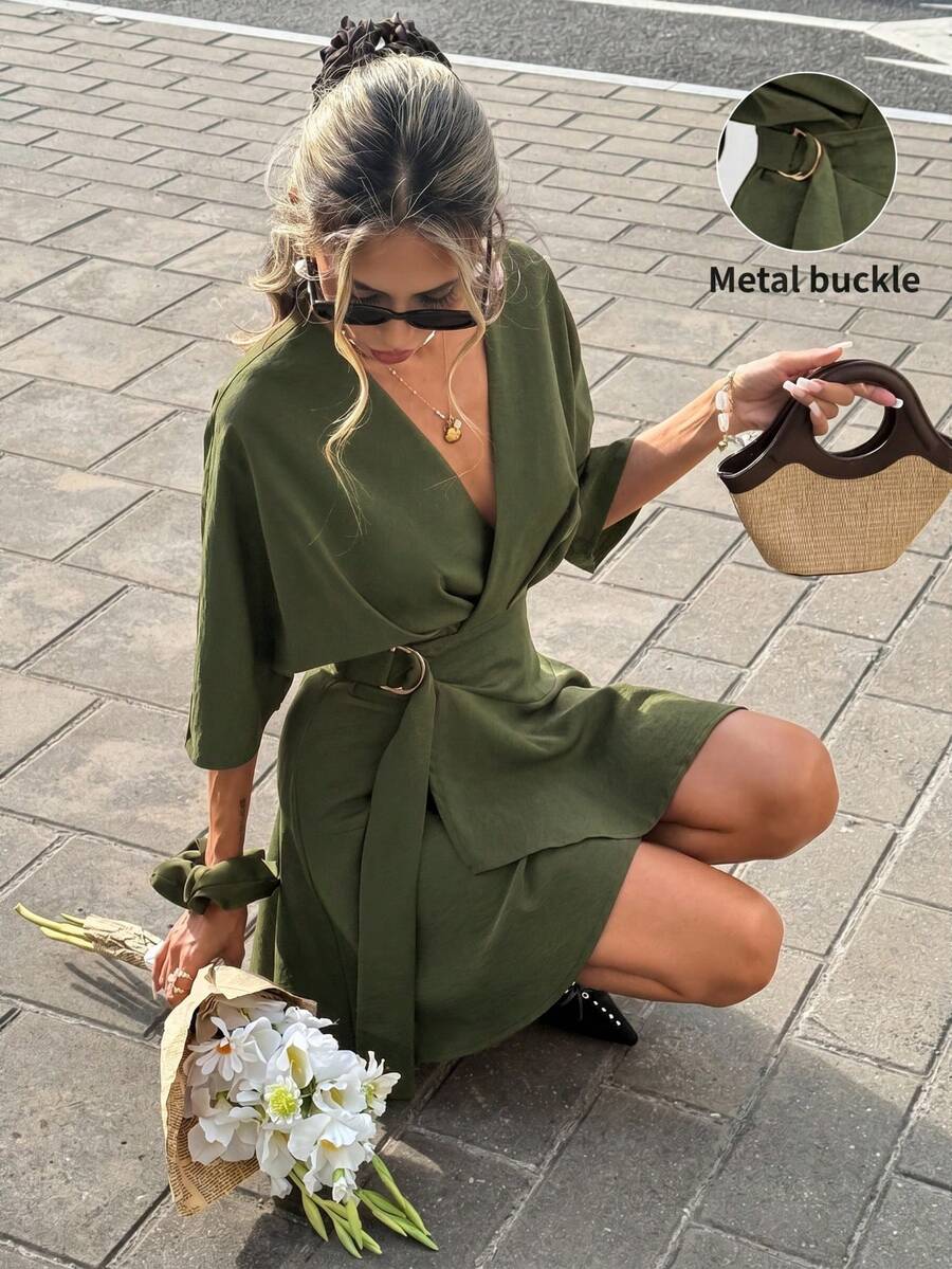 Serisse Women's Fashion Versatile Pleated Metal Buckle Ruffle Hem Dress - Army Green - View 1