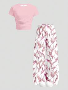 Tween Girl Ruched Fitted Short Sleeve T-Shirt & Geometric Print Pants 2-Piece Set, Casual Daily Fashion, Retro Color Blocking - White - View 6