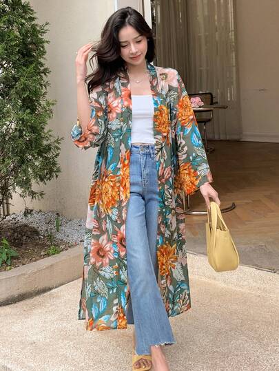 DAZY Floral Print Open Front Kimono Summer,Beach Women Outfits Vacation