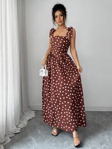 Rafferiza Đầm nữ thời trang thanh lịch, kiểu dáng dây mảnh, thắt nơ, xẻ tà, họa tiết chấm bi, thích hợp cho kỳ nghỉ, đi làm hoặc dạo phố. - màu nâu - Xem 3