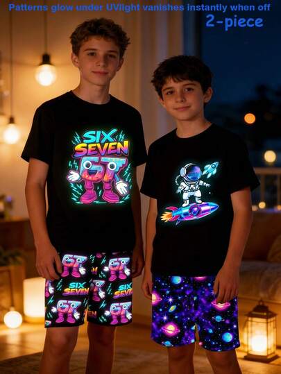 1 Set Teen Boys Pajamas - Glow-In-The-Dark Numeric 67 Print Short Sleeve Top And Shorts, Solid Color Minimalist Regular Fit Sleepwear