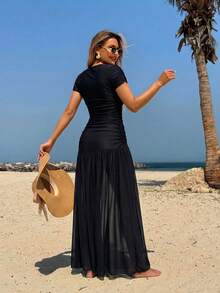 SHEIN Swim بوركيني مكون من قطعتين بلون واحد مع طيات، مناسب للعطلات والاستخدام على الشاطئ، قابل للاستخدام في الصيف - الأسود - مشاهدة 2