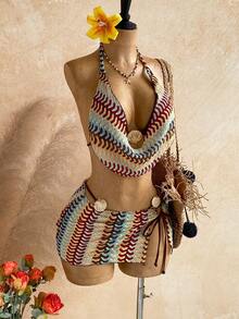 Soleia Women's Summer Beach Patchwork Halter Tie Tankini Top And Triangle Bottoms Swimwear Set With Mini Skirt - Multicolor - View 6