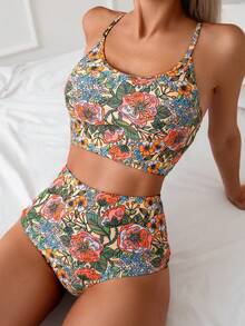Swim Lushoire Bộ đồ bơi Tankini in họa tiết ngẫu nhiên cho kỳ nghỉ hè trên bãi biển Bộ đồ bơi hai mảnh cạp cao - Nhiều màu - Xem 1