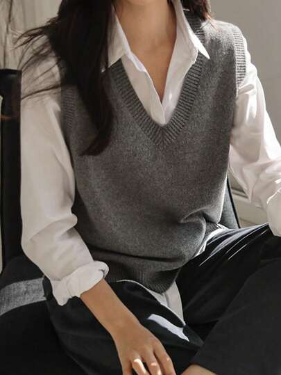 DAZY Solid V-Neck Sweater Vest Without Blouse,Fall Clothes