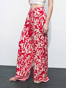 Maija 2026春夏花卉印花流苏装饰长裤，适合节日、度假、海滩等各种场合，四季皆宜的百搭夏季服装，现代假日时尚设计，舒适的沙滩装，波西米亚风，伊萨比岛度假装，夏日多巴胺度假装，ins风度假装，异域风情，乡村音乐会，西部风格服装 - 紅白色 - 查看 4