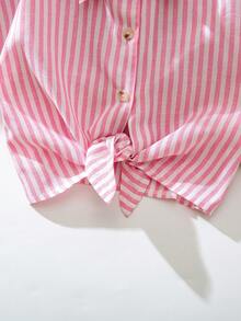 SHEIN Áo sơ mi kẻ sọc dáng rộng, đa năng, thích hợp mặc hàng ngày cho bé gái. - Hồng - Xem 3