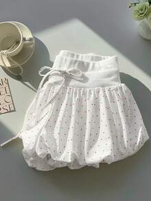 Comfortcana Summer Casual Red Polka Dot Print Drawstring Waist Ruffle Hem Shorts - White - View 3