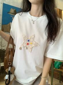 DAZY Women's Summer Round Neck Short Sleeve Loose Star Decor Casual T-Shirt - White - View 4