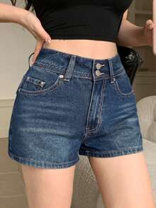 DAZY Quần short denim nữ cạp cao hai hàng cúc có túi sau, phong cách đường phố thường ngày, mùa hè Y2K - Rửa trung bình - Xem 6