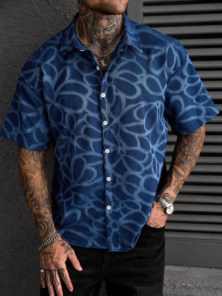 Manfinity CasualCool Men's All-Over Print Single-Breasted Casual Versatile Daily Wear Short Sleeve Shirt - Blue - View 1