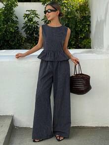 Dazy Tall Conjunto de 2 piezas para vacaciones con top de tirantes de cuello redondo y cintura ceñida a rayas y pantalones rectos holgados para mujer - Azul Marino - Ver 5