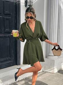 Serisse Women's Fashion Versatile Pleated Metal Buckle Ruffle Hem Dress - Army Green - View 3