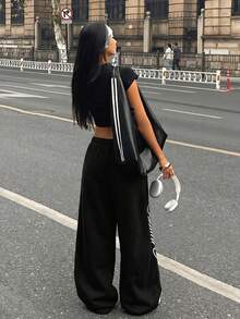 Coolane 女士秋季街头风休闲复古灯芯绒纹理长裤 - 黑色 - 查看 6