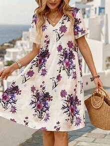 EMERY ROSE Women's Floral Print V-Neck Casual Boho Short Sleeve Mini Dress, Summer,Dresses For Women Summer Vacation White Flower - Multicolor - View 5