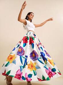 LOTSLUV Women's Loose Flared Skirt With Large Floral Print On White Flower Background, Suitable For Spring/Summer Vacation, Long Skirt Beach Conservative - White - View 5