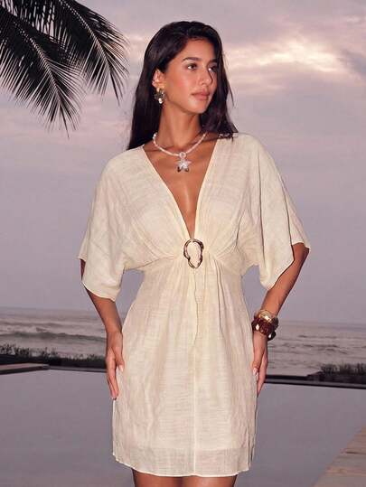 Swim Chiccia 女士纯色蝙蝠袖沙滩罩衫连衣裙