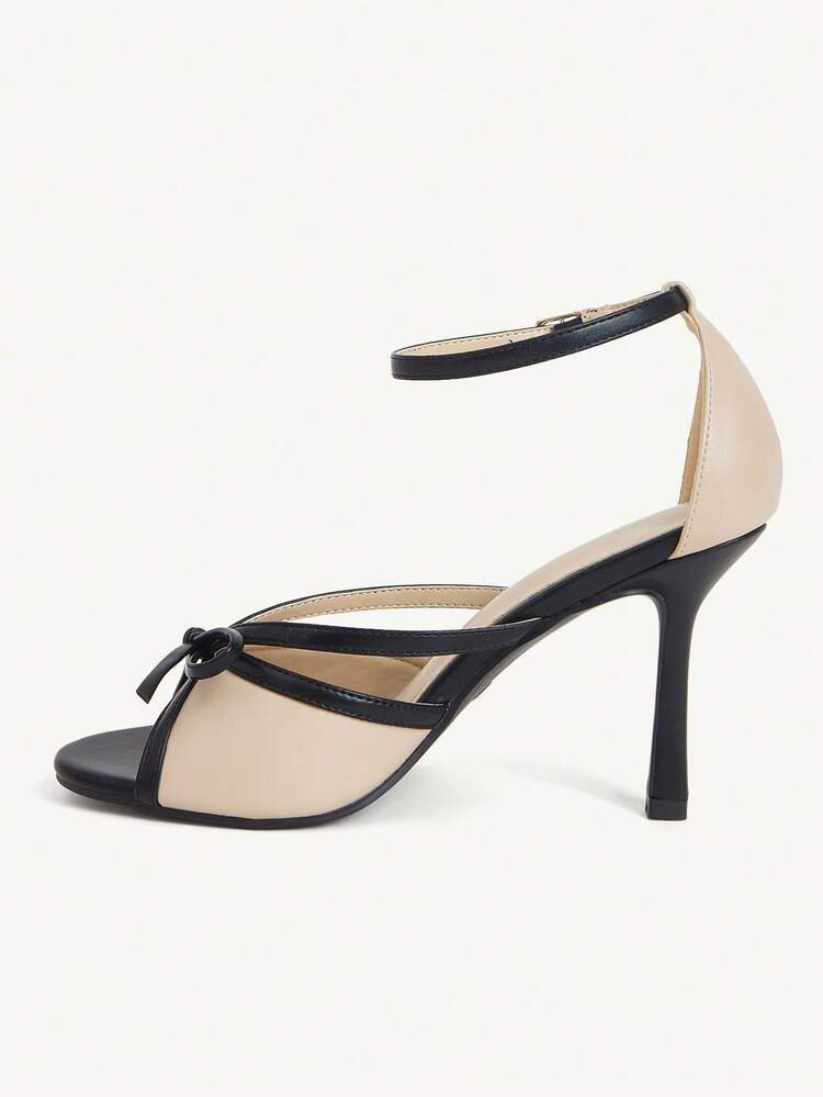 CUCCOO CHICEST Women Shoes Black And White Contrasting Temperament Bow Decorative Round Head High Heel Sandals