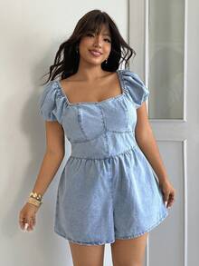 GalTyme Plus Size Light Blue Summer Casual Hiking Vacation Denim Romper,Women's Curvy Overall With Structured Bodice,Square Neck Puff Sleeve Elegant Chic Y2k - Blue - View 5