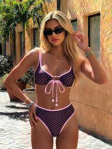 Swim Mod Bộ đồ bơi nữ mùa hè đi biển họa tiết chấm bi, áo bikini cổ yếm buộc dây gợi cảm và quần tam giác - Nhiều màu - Xem 1