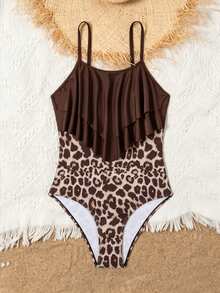 SHEIN Teen Girl Leopard Print Patchwork One-Piece Swimsuit, Suitable For Beach Vacation, Pool Party, Beach Party - Brown - View 6