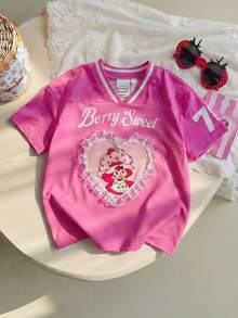 Strawberry Shortcake X SHEIN Young Girl V-Neck Short Sleeve Casual Versatile T-Shirt, - Pink - View 1