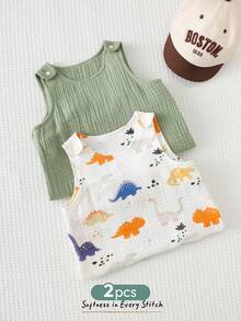 Cozy Pixies 2pcs Newborn Baby Boy Summer Cute Crepe Cartoon Dinosaur & Solid Color Romper Set - Green - View 6
